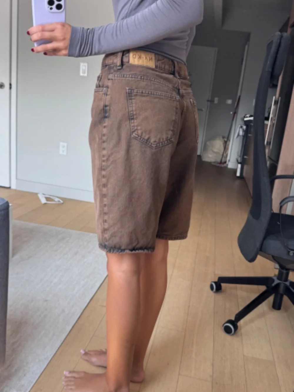 NA-KD Brown Denim Long Shorts Jorts Size EU 34 US 2 4 Baggy Wide Leg
